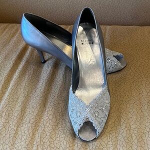 Stuart Weitzman Silver Chantelle lace/leather peep toe evening pumps